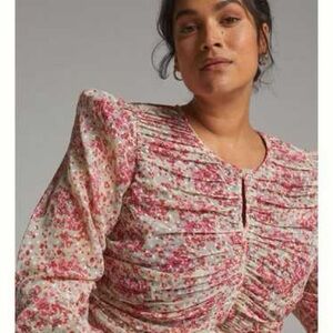 Anthropologie Let Me Be Ruched Floral Puff Sleeve Blouse Size 1X